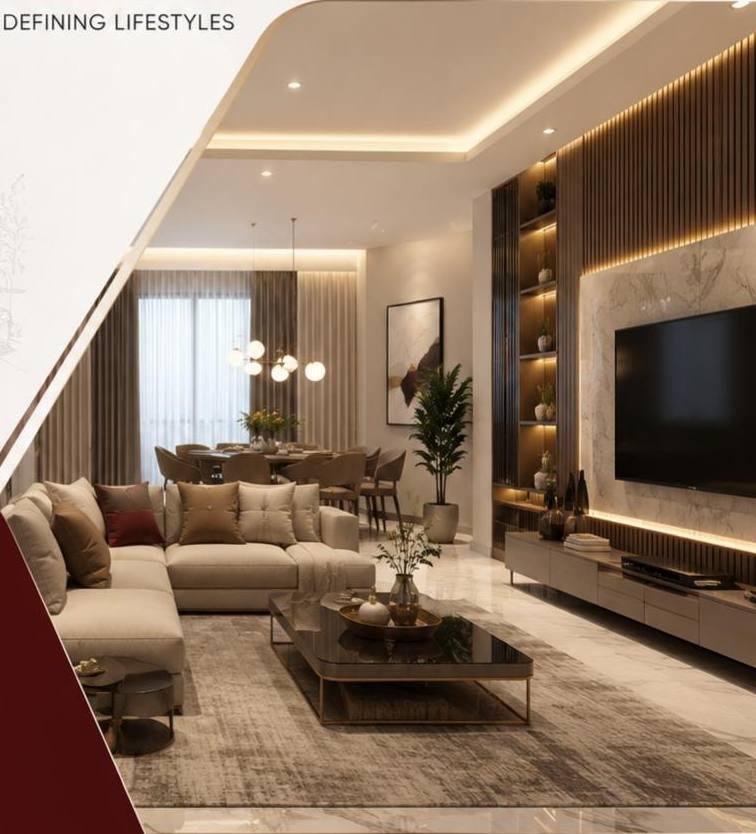 Finished living room with marble media wall and sectional sofa
